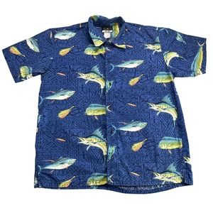 FINS Hawaiian Game Fish Button Up Shirt Blue Shirt Sleeve (missing Size)